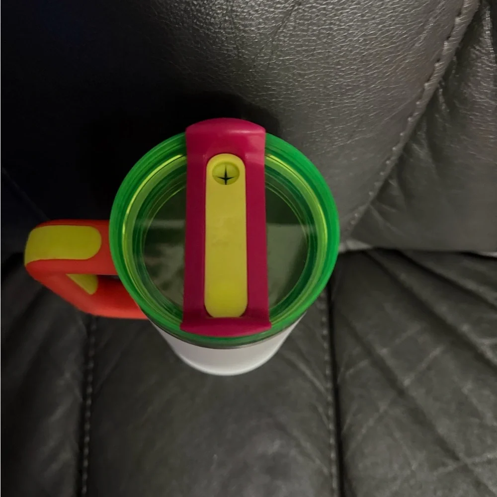 Stanley White Travel Mug with Neon Green Lid and Neon Pink Logo - Picture 3 of 8